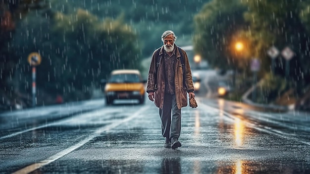 Un homme marche sur une route sous la pluie