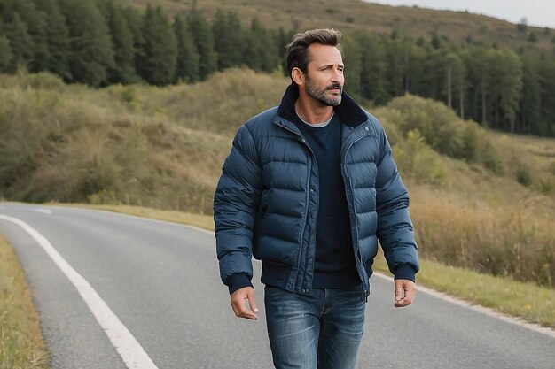 Un homme marche sur une route avec une veste.