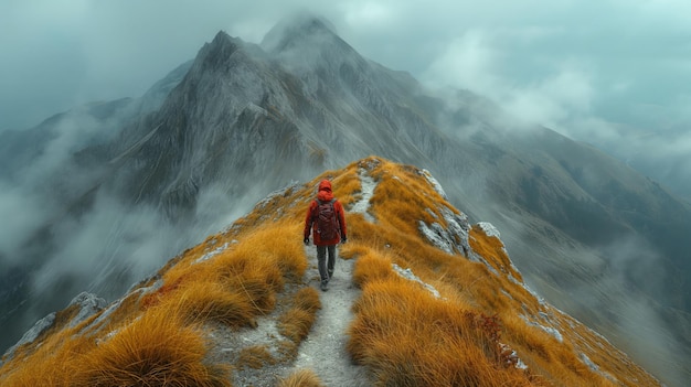 Un homme marche sur un sentier sur une montagne portant une veste rouge et un sac à dos