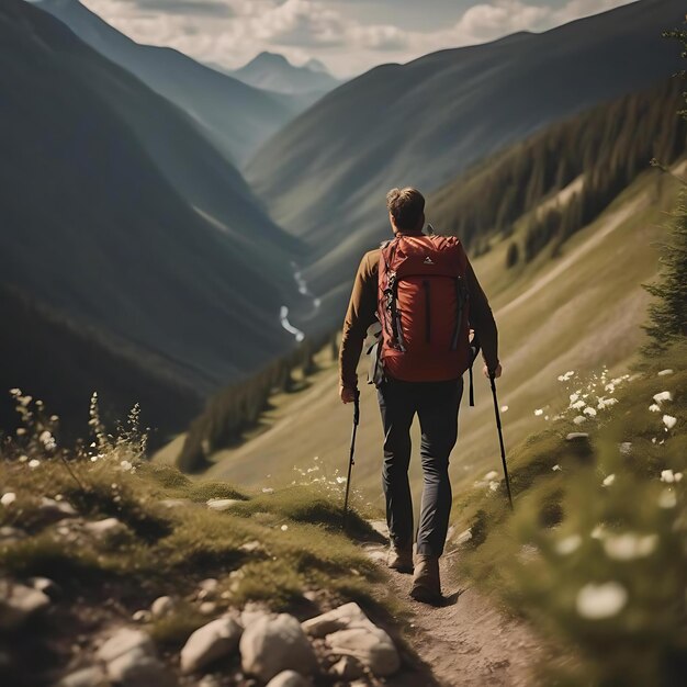 un homme marche sur un sentier avec un sac à dos sur le dos