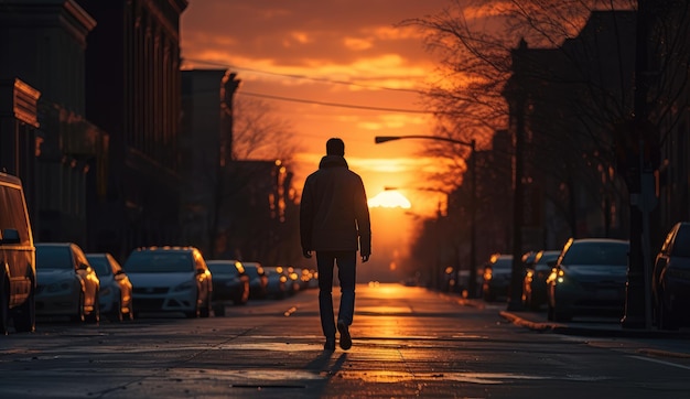 Un homme marche seul au coucher du soleil dans la rue de la ville