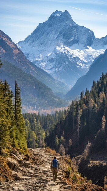 Un homme marche seul sur un sentier rocheux dans un magnifique paysage de vallée de montagne avec un sommet de montagne enneigé au loin