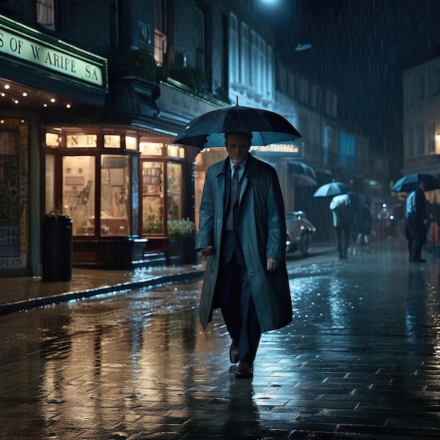 Un homme marche sous la pluie devant un immeuble avec une pancarte qui dit "le parapluie"