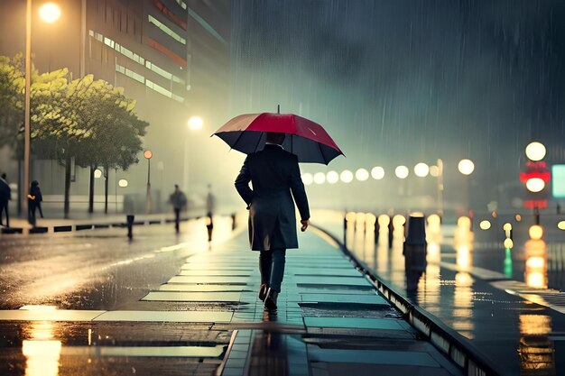 Un homme marche sous la pluie avec un parapluie.