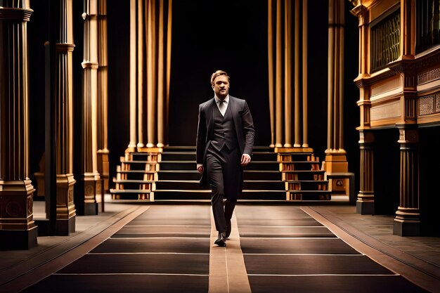 Photo un homme marche sur un tapis dans une pièce sombre avec une grande porte en bois.