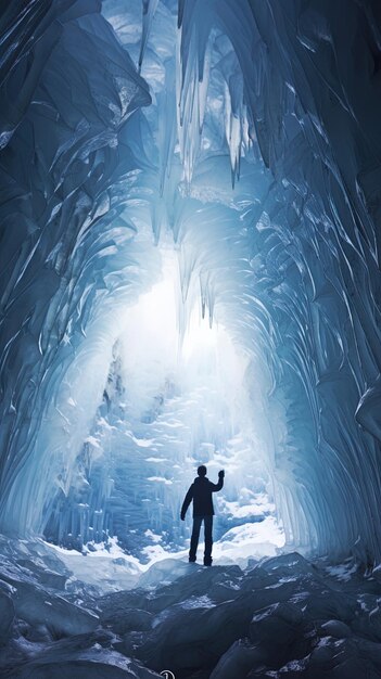 un homme marche à travers une grotte de glace