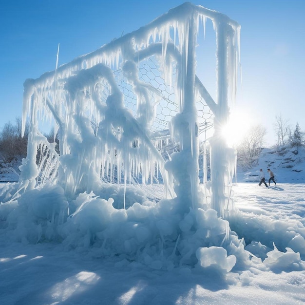 un homme marche à travers une structure gelée avec des glaçons suspendus.