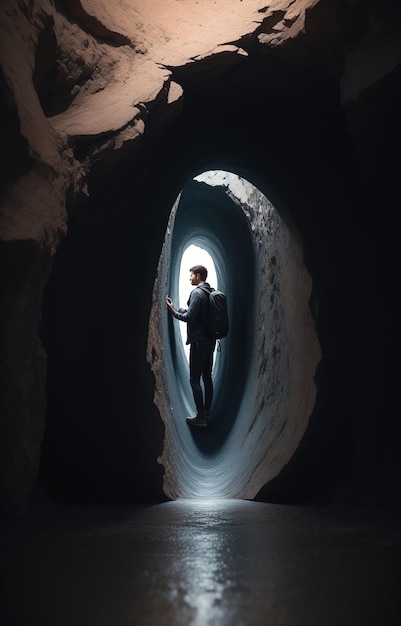 Photo un homme marche à travers un tunnel dans le noir avec un sac à dos sur son dos et un sac a dos sur son shou