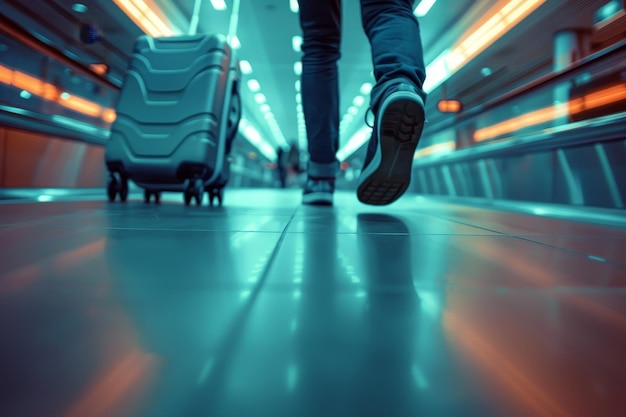 Un homme marche avec une valise dans un aéroport très fréquenté.