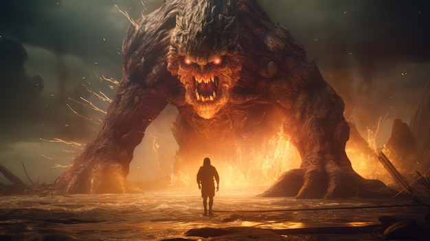 Un homme marche vers un monstre géant avec un feu en arrière-plan.
