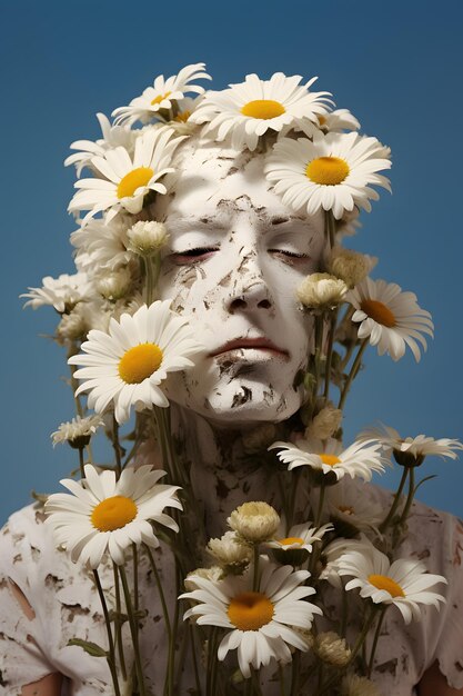 Photo un homme avec des marguerites sur le visage