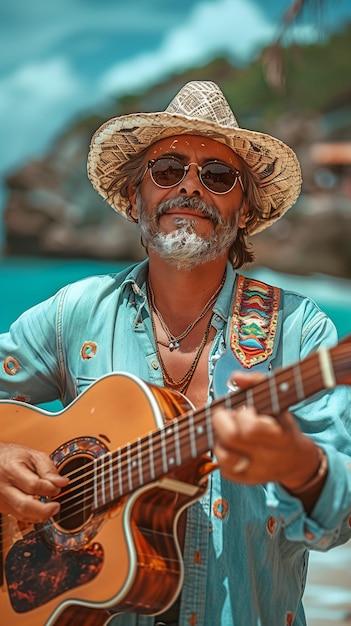 un homme de mariachi avec une guitare sur la plage