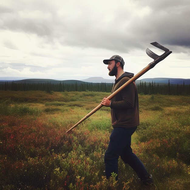 Photo un homme avec un marteau et une grande hache dans un champ