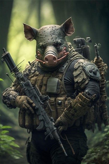 Photo homme avec un masque de cochon tenant un fusil ai génératif