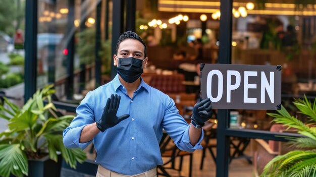 Un homme avec un masque facial portant une chemise bleue et des gants noirs et tenant un panneau indiquant OPEN devant un restaurant avec des sièges en plein air