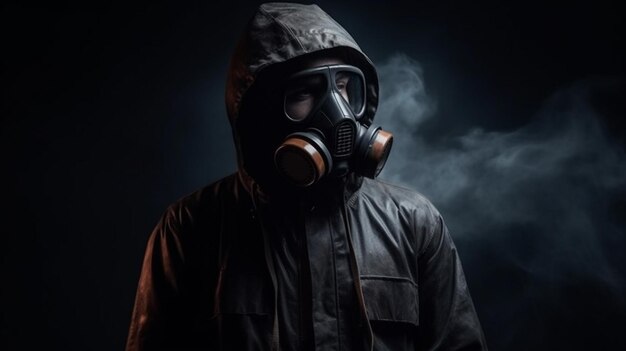 Homme en masque à gaz et sweat à capuche sur fond sombre avec ai smokegenerative