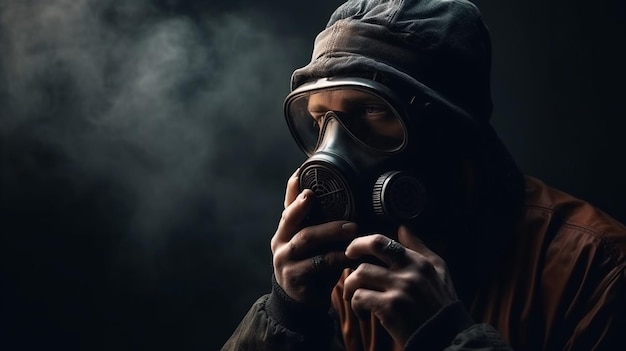 Homme en masque à gaz et sweat à capuche sur fond sombre avec ai smokegenerative