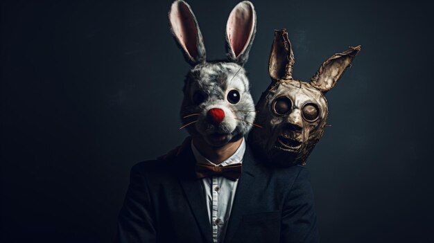 Un homme avec un masque de lapin et d'ours effrayants