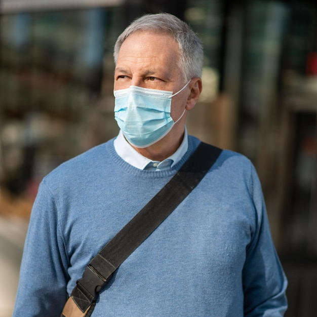 Homme masqué marchant en plein air pour aller au travail concept de mode de vie des personnes coronavirus
