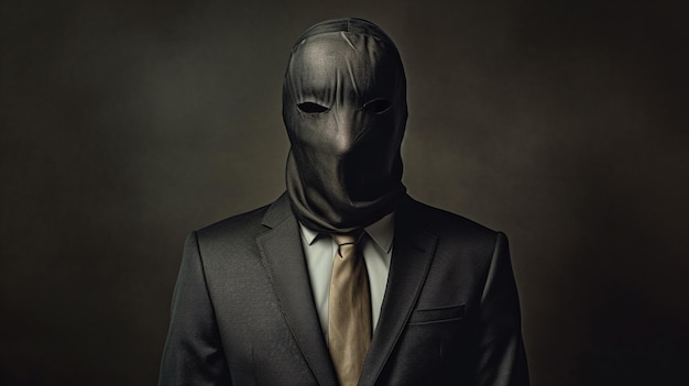 Photo un homme avec un masque noir sur son visage se tient devant un arrière-plan gris ai générative