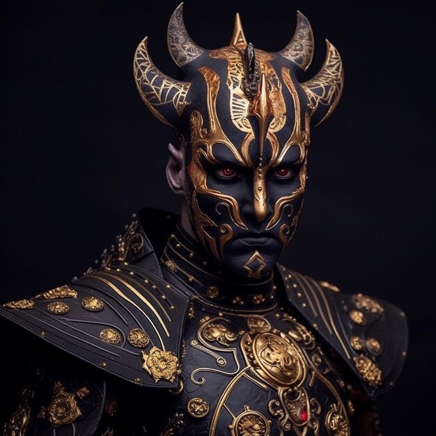 Un homme avec un masque d'or et des cornes.