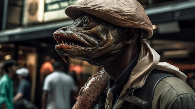 Un homme avec un masque de poisson sur la tête