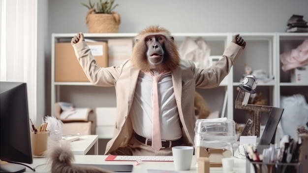 Un homme avec un masque de singe assis à un bureau.