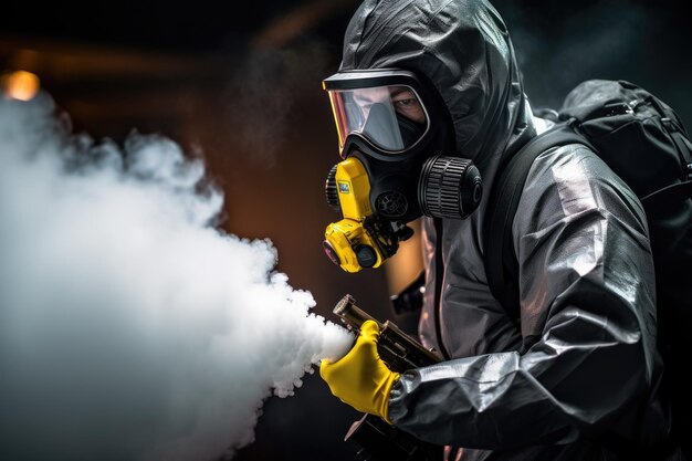 Un homme avec un masque et des vêtements de protection pulvérise un gaz toxique