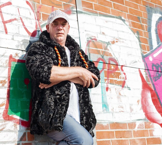 Un homme mature à la mode debout contre un mur de graffitis.