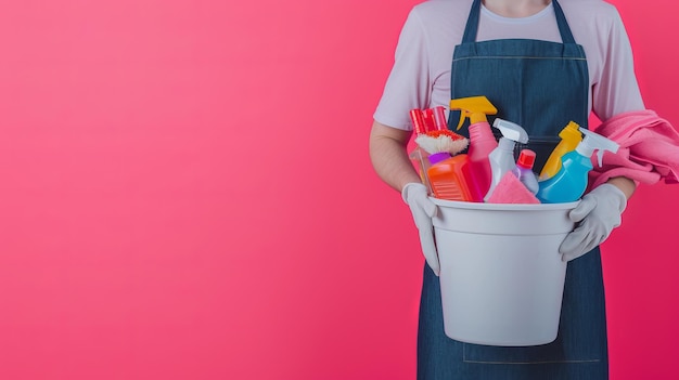 Un homme méconnaissable avec des fournitures et des outils de nettoyage Un fond rose vibrant établit la scène