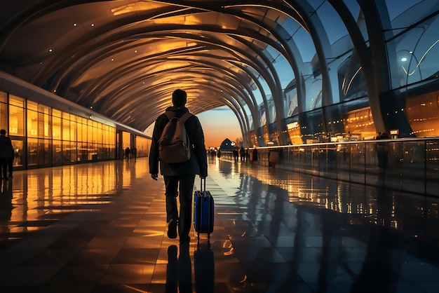 Homme méconnaissable avec un sac à dos et une valise marchant dans l'aéroport à travers les infrastructures de transport