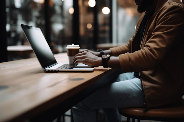 Homme méconnaissable travaillant sur un ordinateur portable tout en profitant d'une pause-café dans un café branché