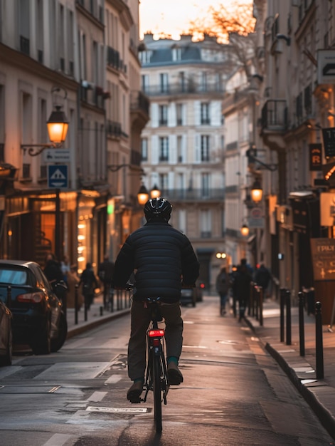 Photo un homme méconnaissable à vélo sur une route parisienne