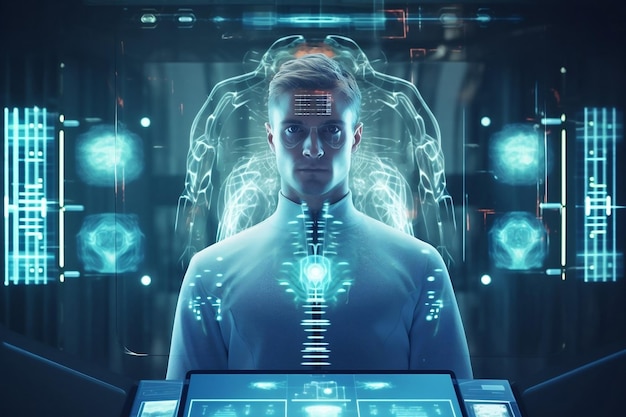 L'homme médecin technologie médicale futuriste écran virtuel soins de santé science fond sombre en ligne si