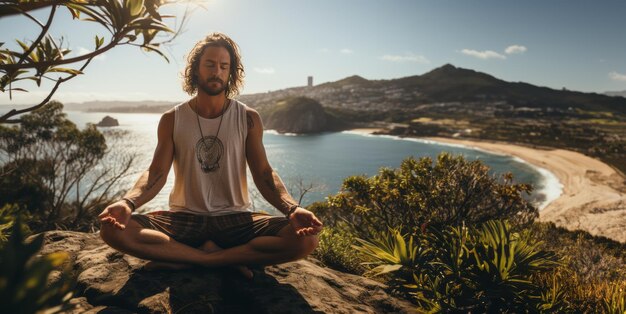 un homme méditant dans la nature yoga IA générative