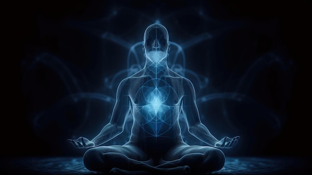 L'homme médite dans la pose de lotus avec un flux d'énergie bleue à travers son corps Yoga ou prière AI générative