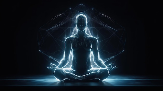 L'homme médite dans la pose de lotus avec un flux d'énergie bleue à travers son corps Yoga ou prière AI générative