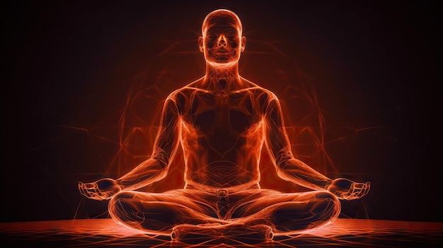 L'homme médite dans la pose de lotus avec un flux d'énergie rouge à travers son corps Yoga ou prière AI générative