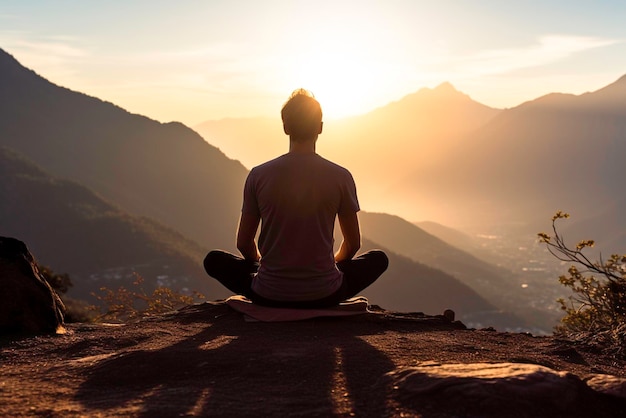 Un homme médite et fait du yoga sur la toile de fond des montagnes et du coucher de soleil.