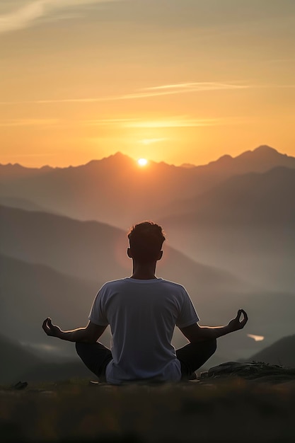 Un homme médite et fait du yoga sur la toile de fond des montagnes et du coucher de soleil.