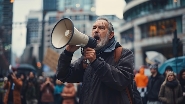 Un homme avec un mégaphone dirige une manifestation d'agriculteurs