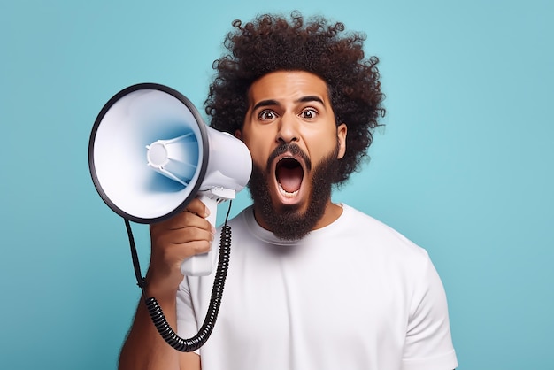 Un homme avec un mégaphone à la main crie