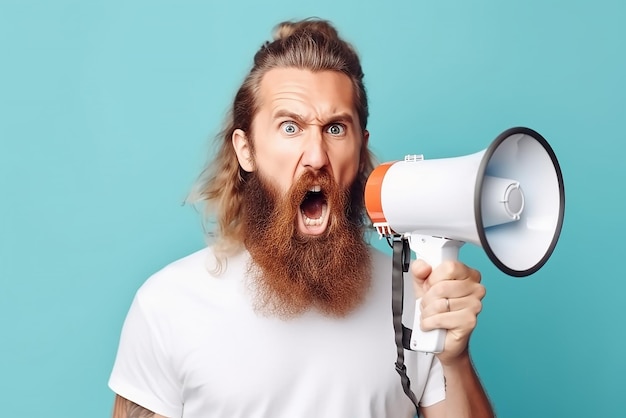 Un homme avec un mégaphone à la main crie