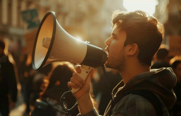 Un homme avec un mégaphone y crie, l'homme est entouré d'une foule de gens, dont certains le regardent.