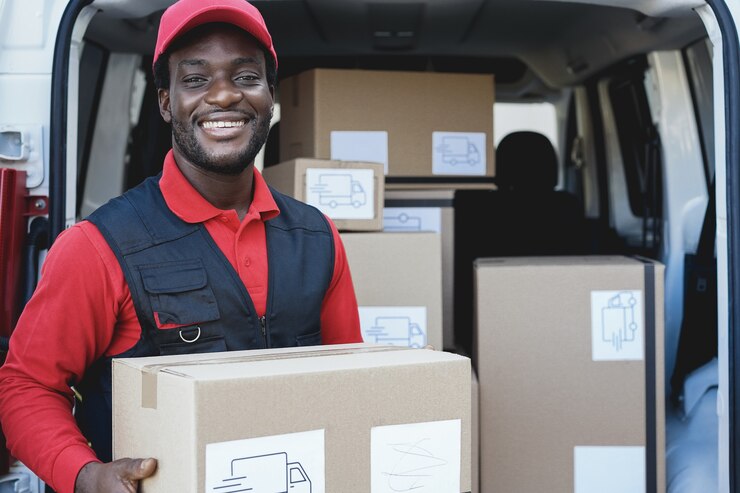 Photo homme de messagerie noir livrant un colis devant un camion de fret - focus sur le visage