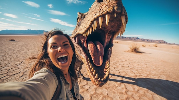 Photo un homme met sa tête dans la bouche d'un dinosaure.
