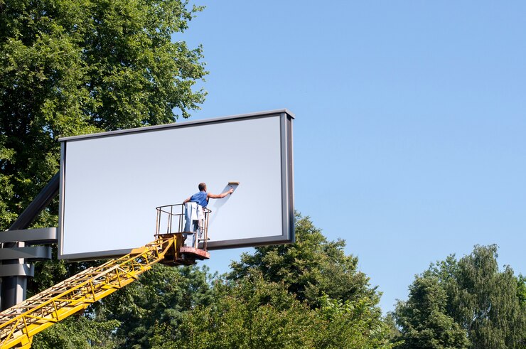 Photo homme mettant une nouvelle affiche vierge sur un panneau d'affichage