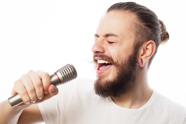 Homme, à, microphone