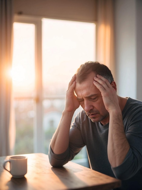 Un homme avec une migraine qui tient sa tête en douleur.