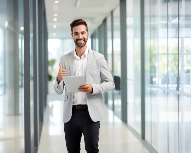 Homme en milieu de travail positif au bureau Giving Thumbs Up